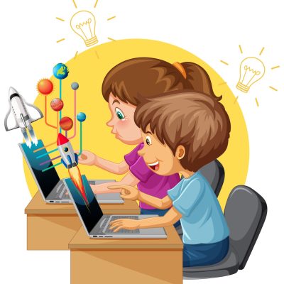 Kids using laptop with education icons illustration